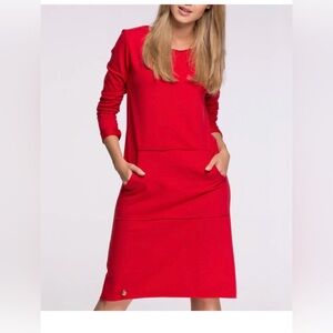 MAKADAMIA Made in Poland Red Pocket Raw-Hem Shift Dress 40 / flawed